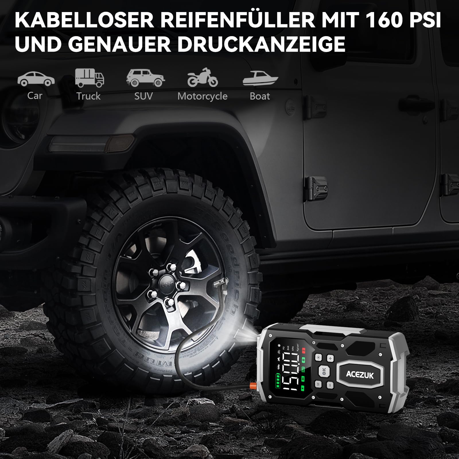 ACEZUK Starthilfe Powerbank mit 26800mAh 7000A Spitzenleistung,150PSI Kompressor, 4-in-1 Powerbank als Auto Starthilfe mit LCD Bildschirm, Tragbare Starter Powerbank mit LED Taschenlampe