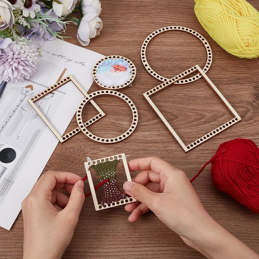 Curious Button 6 Pcs Wooden Loom Weaving Set | Size:12,10,8IN 2.7mm Rectangle & Round Frames Kit | DIY Weaving Craft Tools for Kids & Adults | Knitting, Embroidery & Wall Hanging Loom Kit