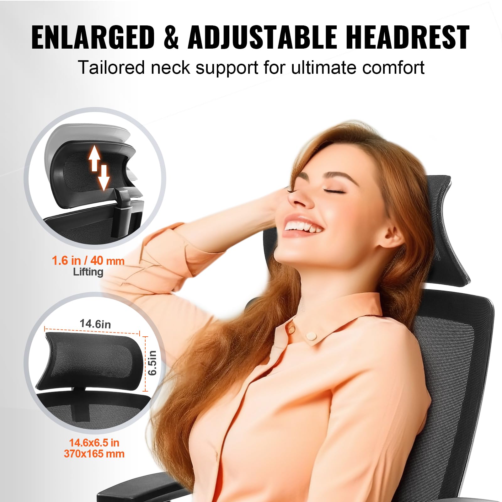 VEVOR Chaise de Bureau Ergonomique avec Support Lombaire Appui-Tête Accoudoirs Réglables Fauteuil de Bureau Inclinable Large Siège Coulissant Confortable avec Roulettes Pivotantes pour Bureau Domicile