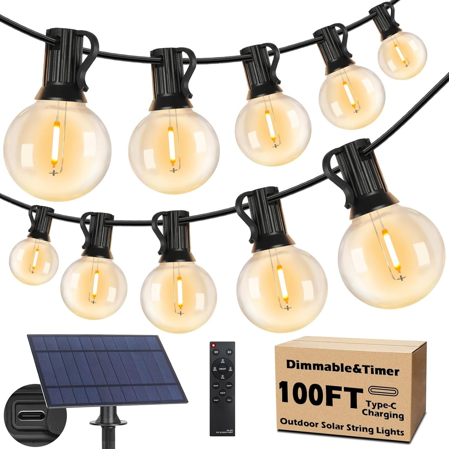 Outdoor Solar String Lights with Remote, 100FT Waterproof Outside Patio Light String with 3 Lighting Modes, Hanging String Lights with 52 Shatterproof G40 Edison Globe Bulbs for Backyard Bistro Cafe