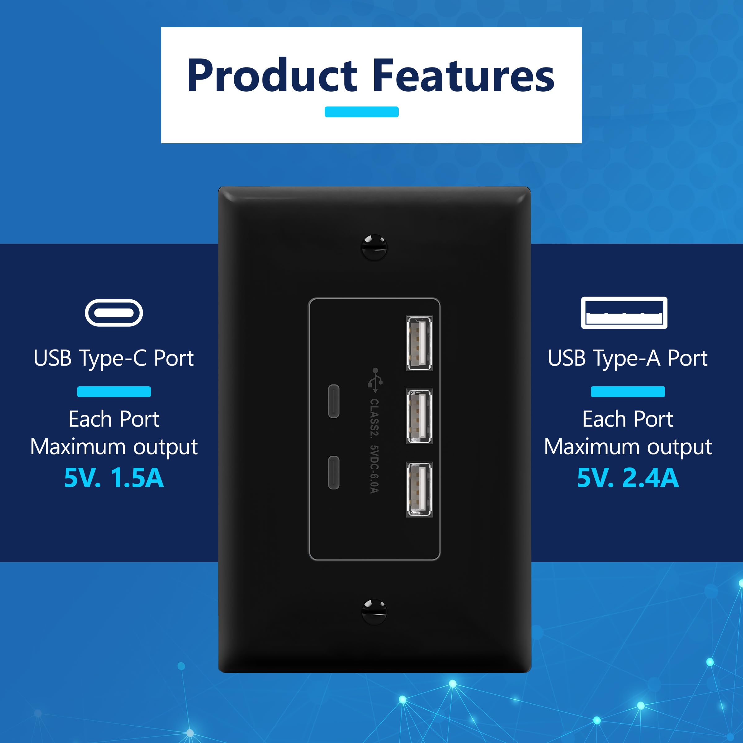 LIDER 6.0A 30W USB A&C in-Wall Charger, 3 USB Type-A and 2 USB Type-C Charging Ports, Interchangeable Face Cover, Modern Upgrade, Wall Plate Included, Black