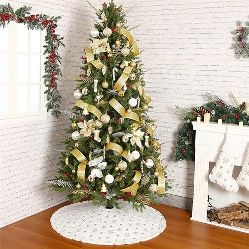 Miniatura 5 de Christmas Sequin Tree Skirt 48in, White Soft Thick with Golden Snowflakes Decorations for 8FT 9FT Xmas Tree