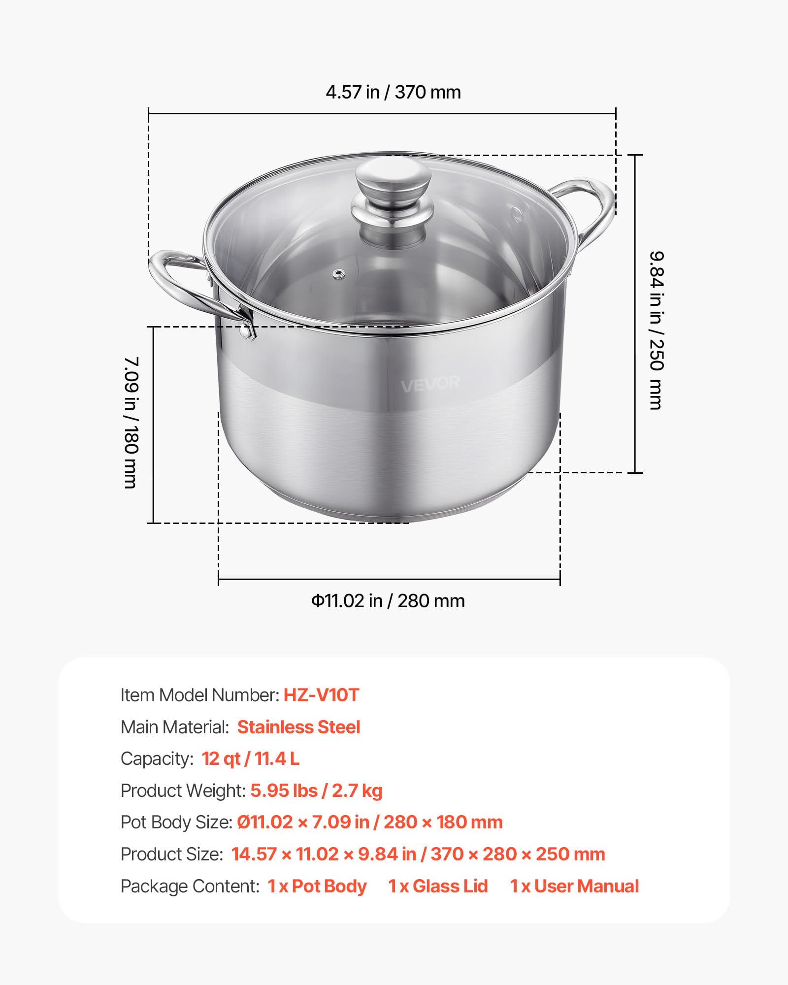 VEVOR Edelstahl Kochtopf 15,1 L Großer Suppentopf mit Glasdeckel Induktionsgeeignet Hochwertiger Nudeltopf PFOA-frei PFAS-frei für Gasherd Elektrokochfeld Ideal für Eintöpfe Pasta Familienportionen
