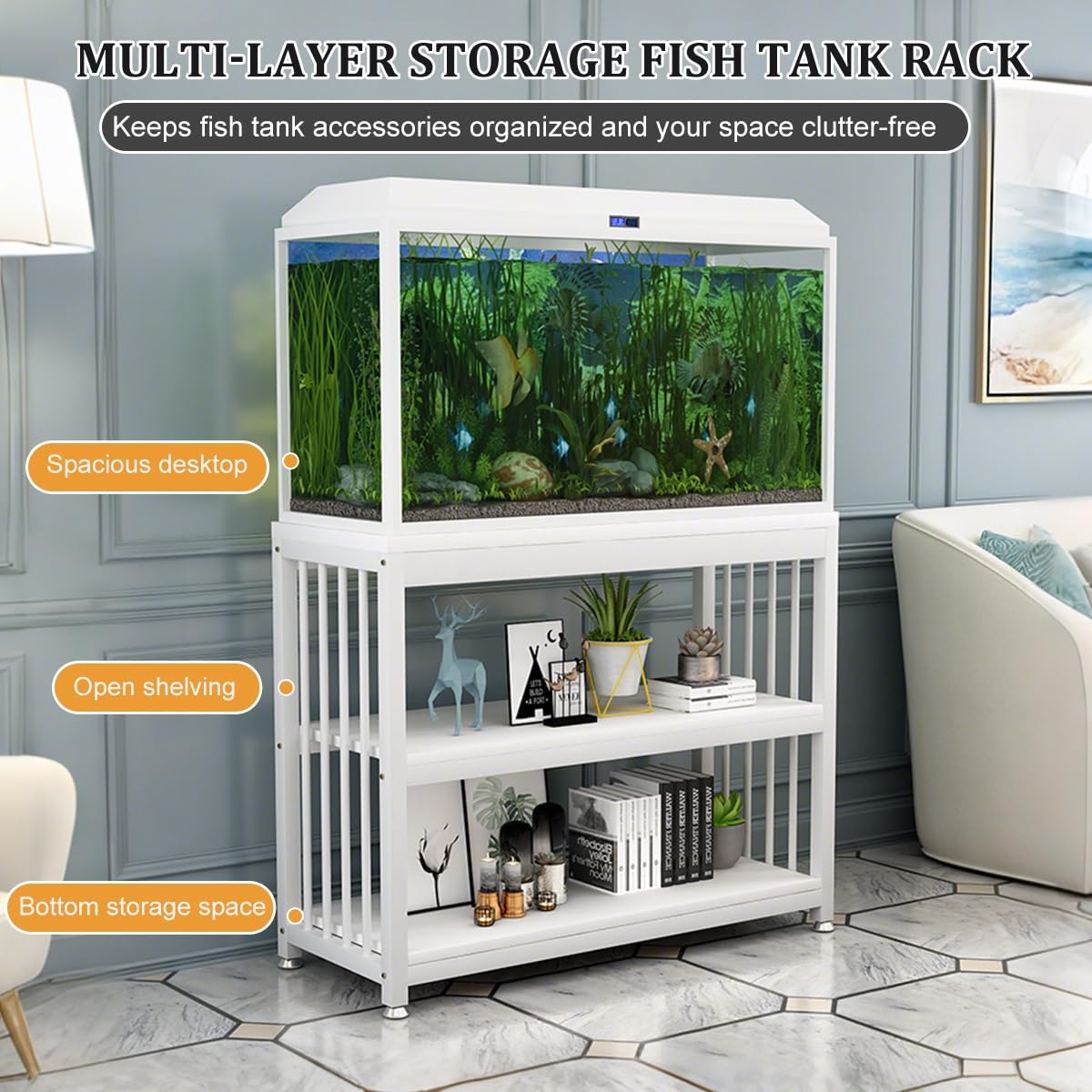 Soporte de Acuario 3 Niveles, Soporte para Pecera, Mesa de Terrario de Pie, Sistema de Estantería de Acuario Metal y Madera, Mesas para Peceras, para Hogar/Jardín(White,L100x50cm/39x20in)