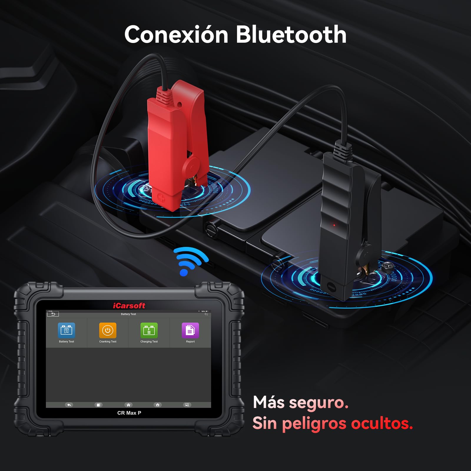 iCarsoft BT900 Probador de Batería Coche, Comprobador de Batería 12 V/24 V 100-2000 CCA, AGM, GEL, EFB, Bluetooth Conexión, Prueba de Arranque/Carga para Coche, Moto, ATV, SUV, Barco, Yate
