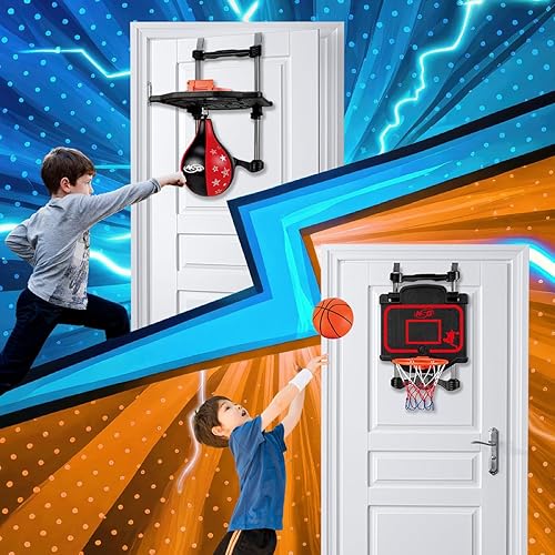 Miniatura 5 de Combo de baloncesto y boxeo para colocar sobre la puerta, juego 2 en 1 con aro ajustable y bolsa de velocidad, marcador y efectos de sonido,