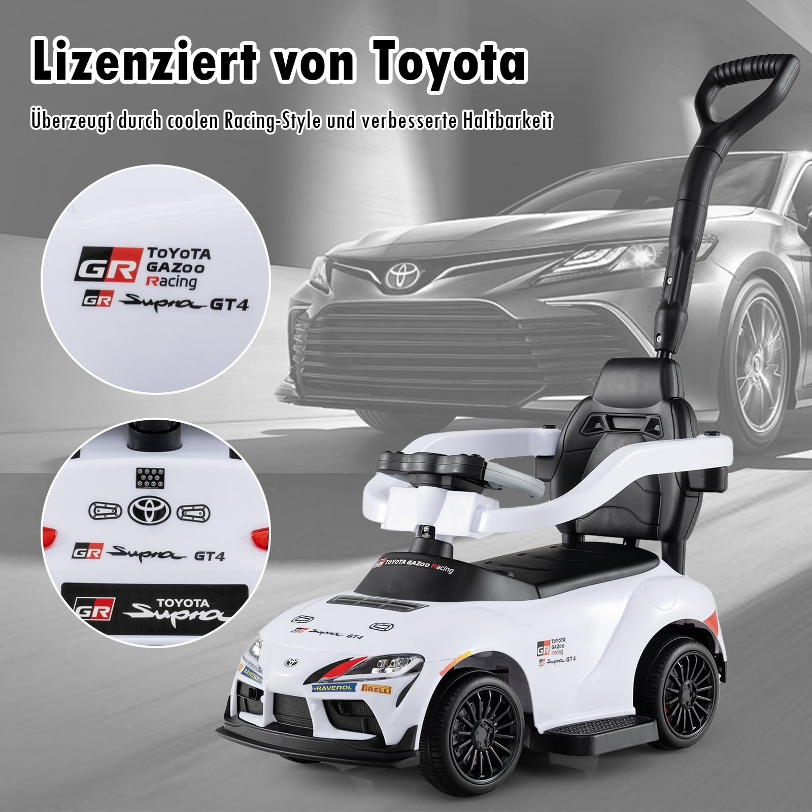 GOPLUS 3 in 1 Schiebeauto, Rutschauto Toyota mit verstecktem Stauraum & Musik, Rutschfahrzeug mit Schiebestange, Kinderfahrzeug für drinnen & draußen für Kinder von 18–60 Monaten (Weiß)