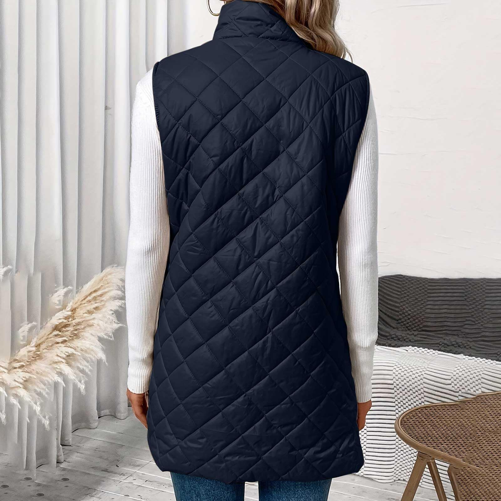 OVARA Gilet trapuntato da donna con colletto alla coreana, leggero, con cerniera, imbottito, termico, comodo, casual, tinta unita, gilet da donna, giacca lunga senza maniche