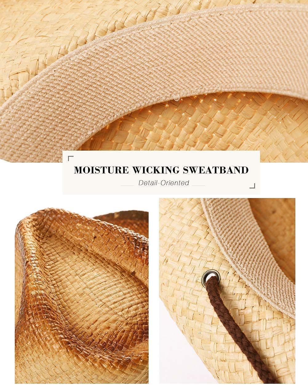 Comhats Western Style Round Cowboy Straw Hat Ladies Fedora Chin Cord Vegan Leather Band Shapeable Brim Beach Cowgirl