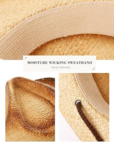 Miniatura 3 de Comhats Sombrero de paja de vaquero redondo de estilo occidental para mujer, cordón de barbilla Fedora de cuero vegano, ala moldeable, vaquera de