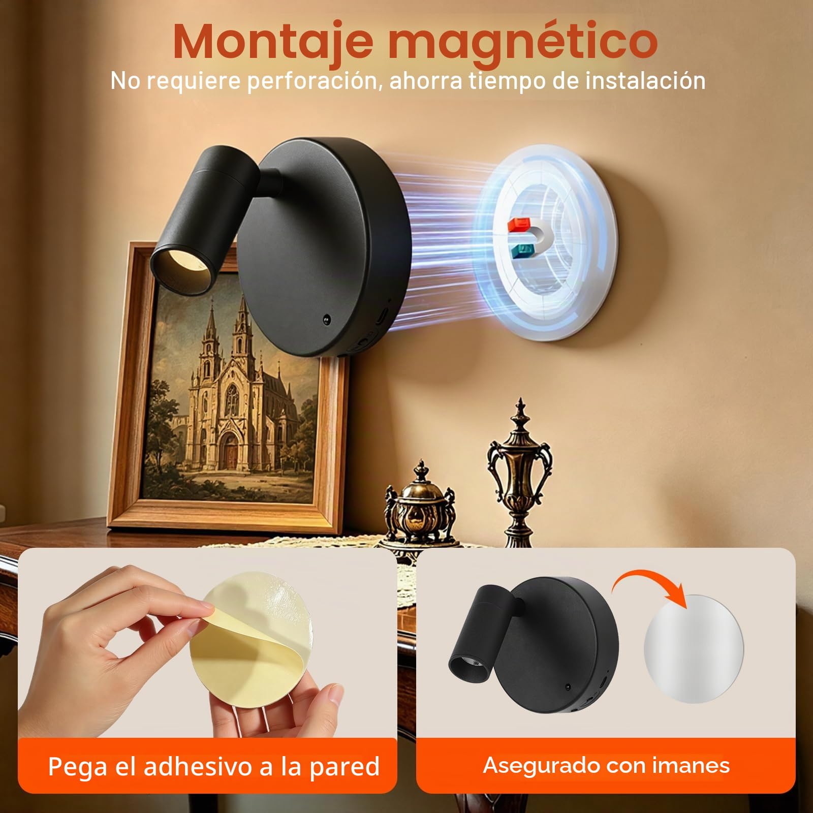 Ketom Aplique Pared Interior Regulable, Lampara Pared sin Cable, Foco LED Recargable, 3 Temperaturas de Color, con Control Remoto, Giratorio, para Planta Obras Arte Habitación Estar, Negro, 1 Pieza