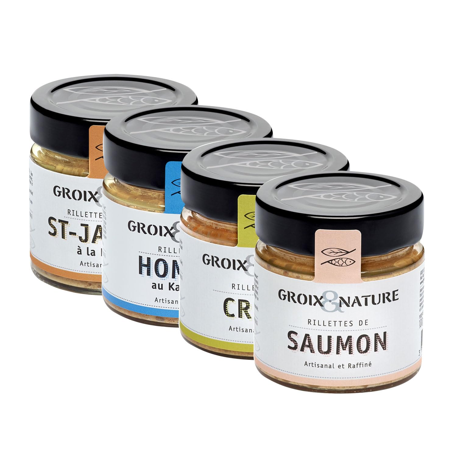 Groix et Nature, Probierpaket - Meeres-Rillettes, Jakobsmuscheln, Hummer, Lachs, Krabben, aus Frankreich, 4 x 100 g