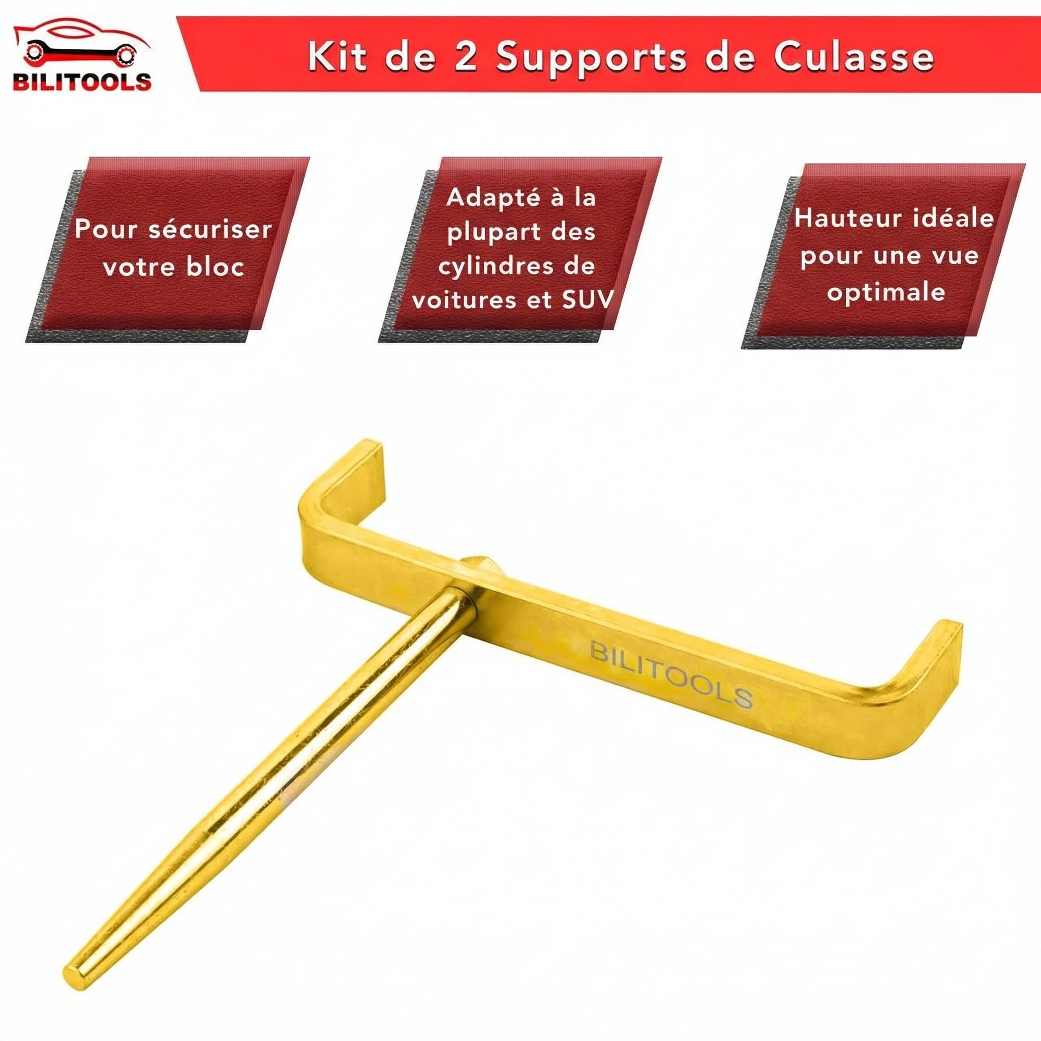 BILITOOLS Support de Culasse avec Pointes Coniques, Support de Culasse Universel en Acier Robuste pour Maintenance & Réparation Moteur