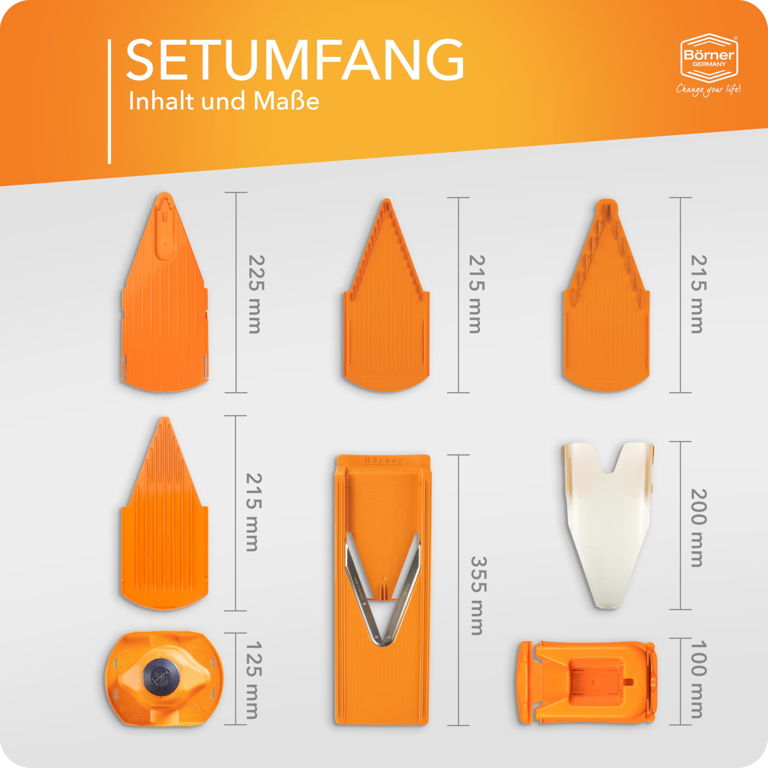 Börner Gemüsehobel V3 (Profi Set) • Multifunktionaler Gemüseschneider für Scheiben, Julienne, Würfel • Verstellbarer V-Hobel • Edelstahl V-Klinge • Küchenhobel Set • Farbe: Orange