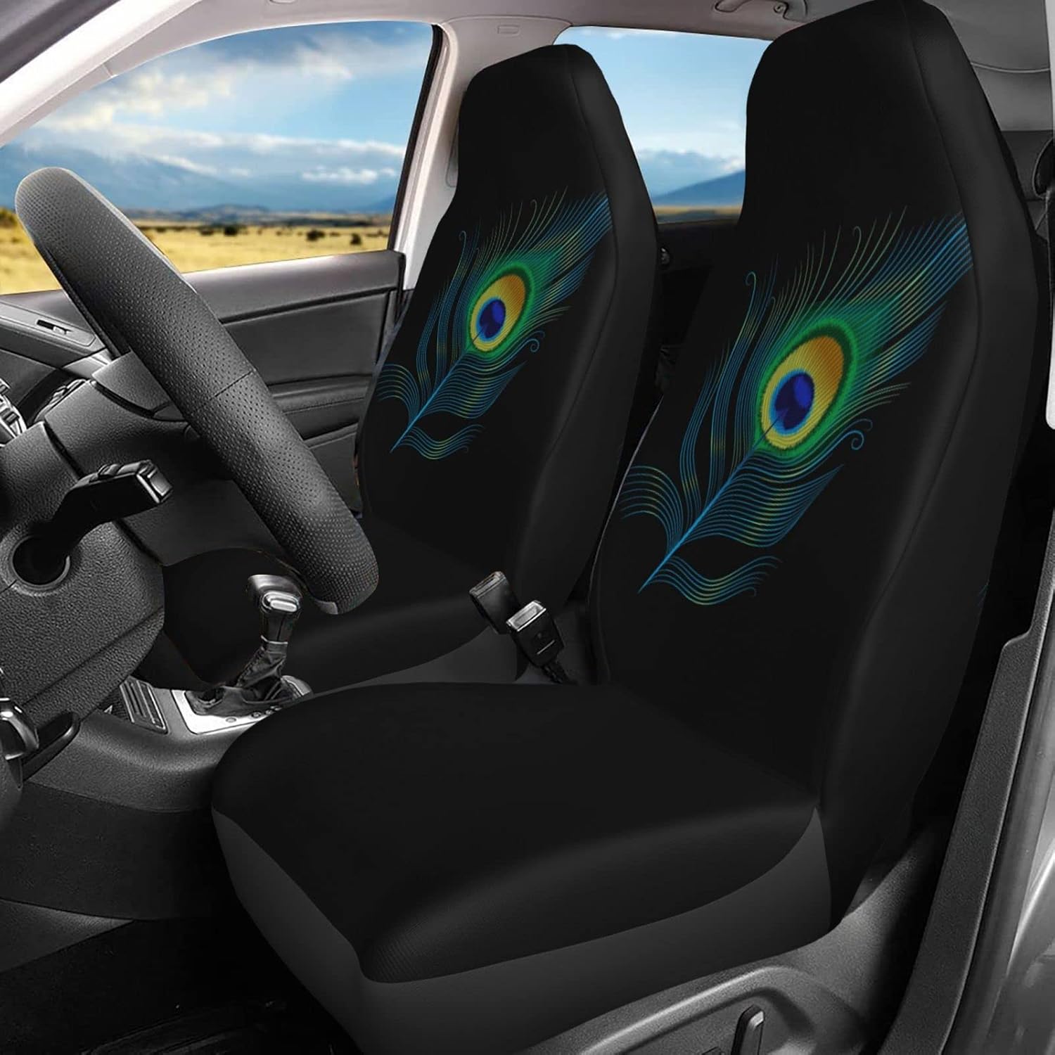 Gradiennt Green Peacock Feather 2 Pcs Car Seat Covers Set Vehicle Front Seat Protector Auto Interior Accessories Protetors Car Mat Covers Universal fit Most Car SUV Van Truck