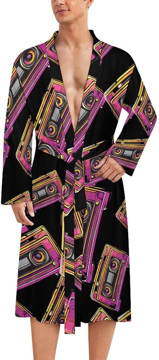 1977 Tape Cassette Men's Robe Soft Bathrobe V Neck Loungewear Sleepwear Nightgown Dressing Gown