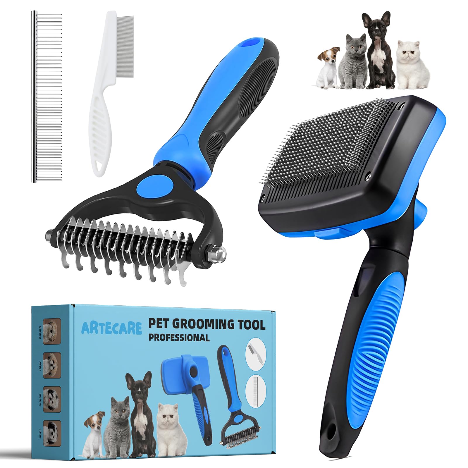 Fellpflegebürsten-Set für Haustiere, Hundebürste zum Ausfallen, Enthaaren, Flohkamm, 16,3 cm, Edelstahl, professionelles Fellpflege-Werkzeug für lang- und kurzhaarige Hunde, Katzen und andere