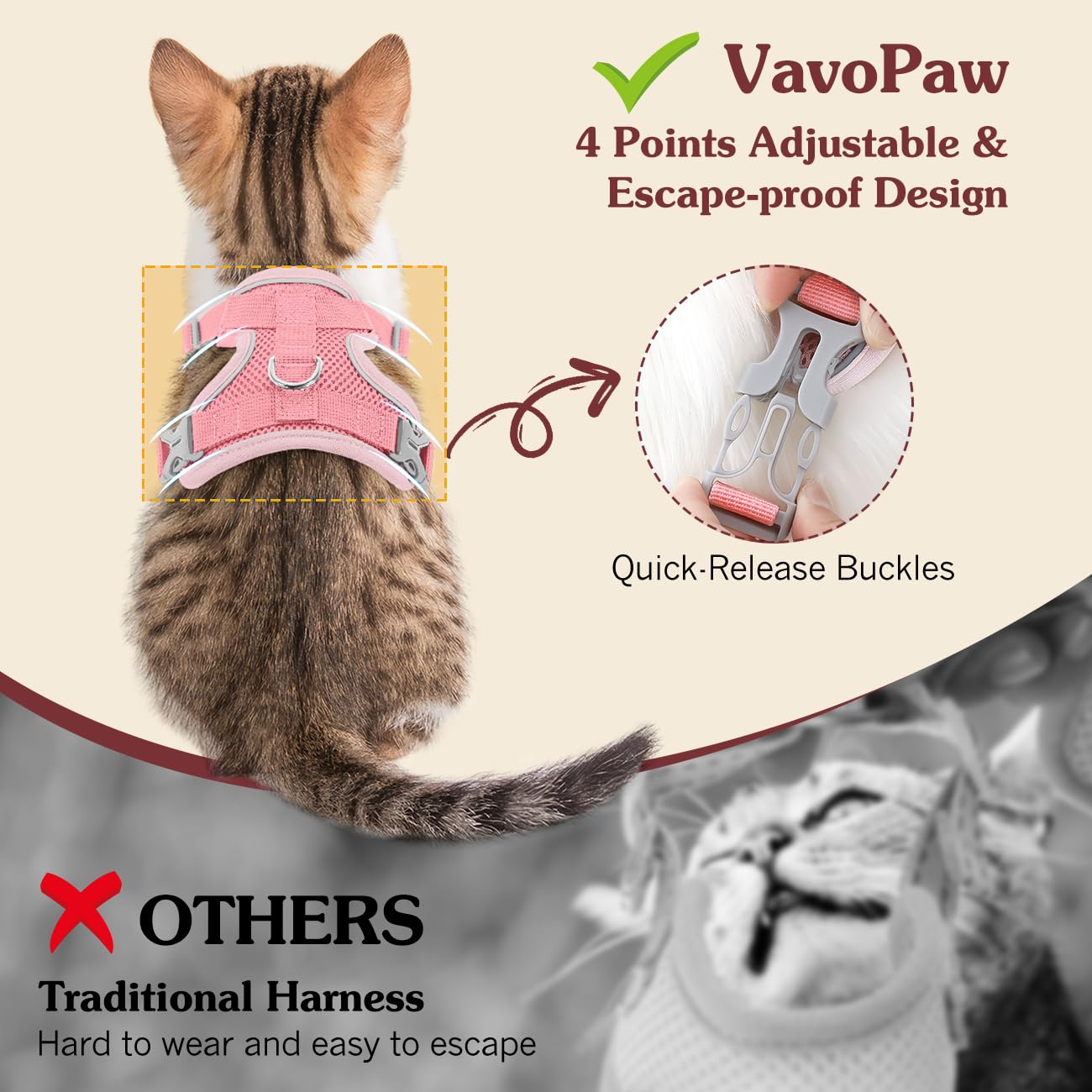 VavoPaw Pettorina per Cani con Guinzaglio da 1,5M, Imbracatura per Gatti Antifuga con Rete Traspirante e Strisce Riflettenti, Gilet Morbido e Regolabile per Cani Gatti, Rosa, S