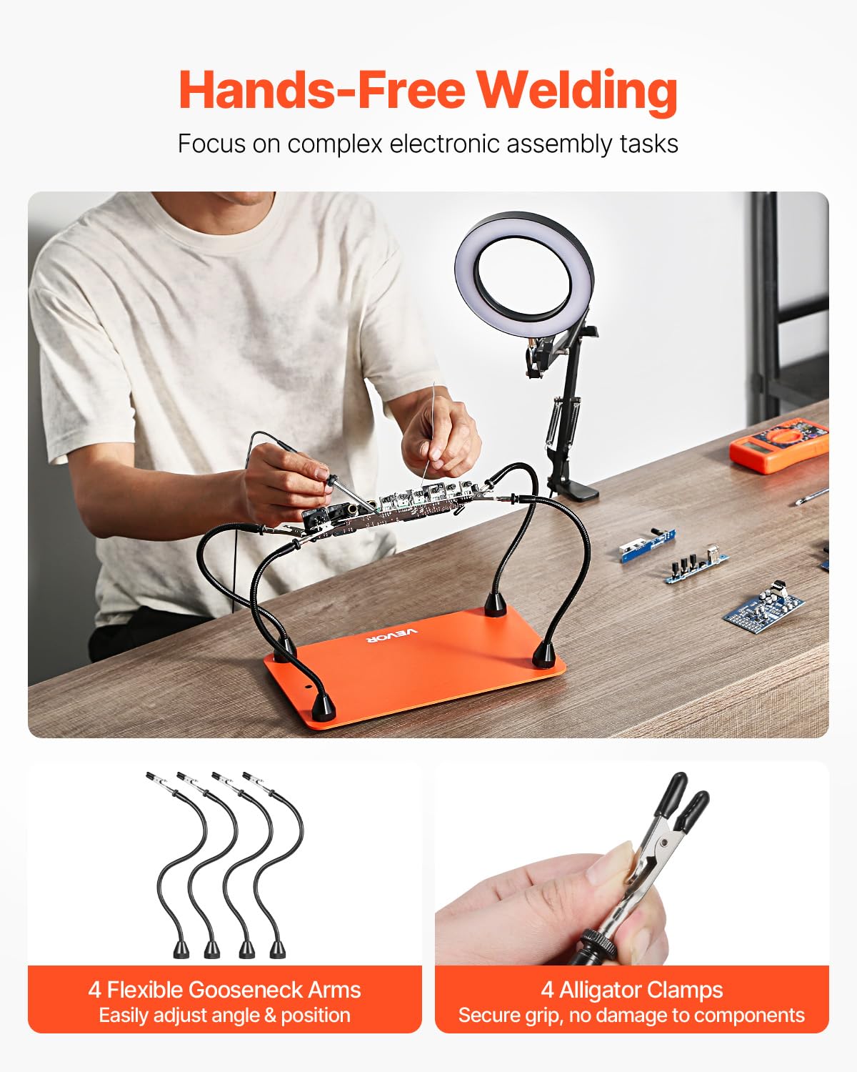 VEVOR Löthilfe Dritte Hand, Magnetische Lötstation, 4 flexible Arme, Werkzeug mit 3-facher LED-Vergrößerungslampe & rutschfester Basis, für elektronische Reparaturen, Basteln, Hobby, Heimwerken