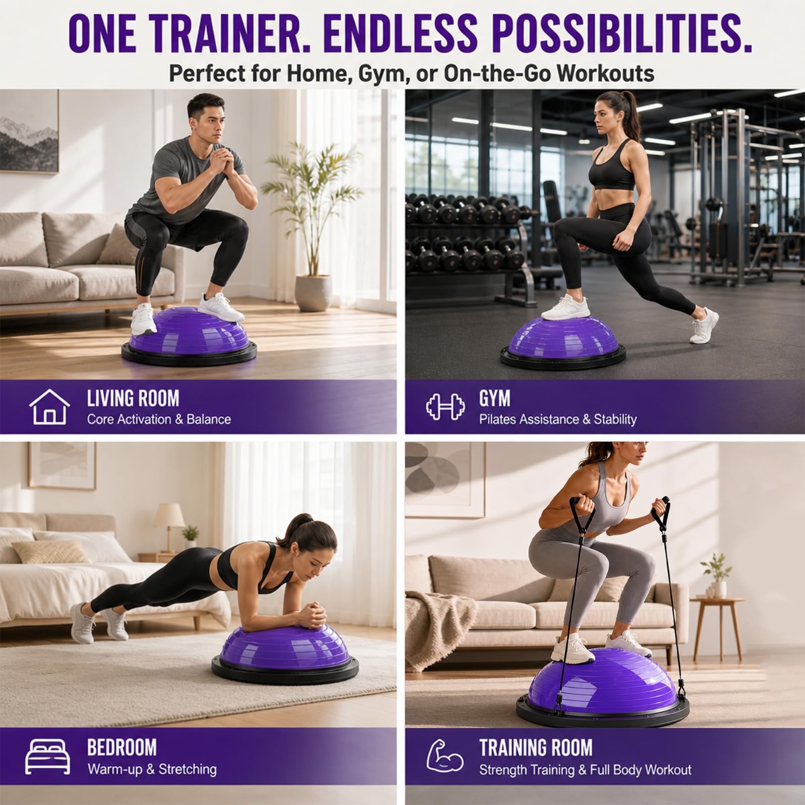 Balón de equilibrio, entrenamiento de equilibrio de yoga, soporta hasta 300 kg, media pelota de equilibrio con bomba y 2 bandas de fitness