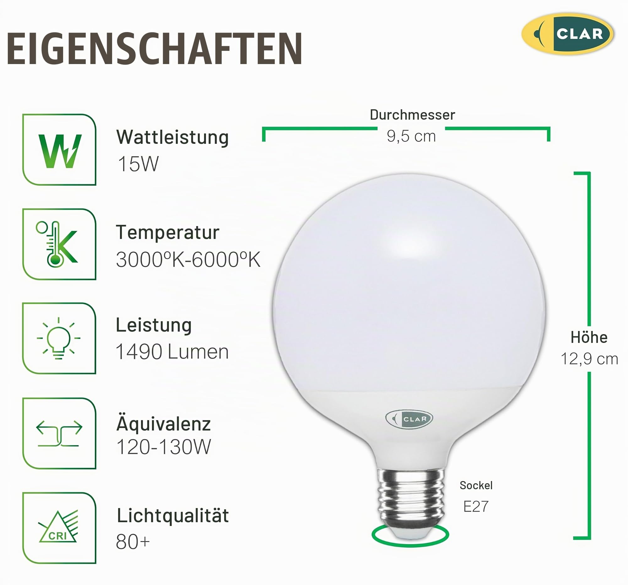 CLAR - Glühbirne Groß, Dekorative Glühbirne, Glühbirne E27 Groß, Durchmesser 95 mm (G95), Nicht dimmbares Leuchtmittel, Warmweiß 3000ºk, 20W (Pack 6)