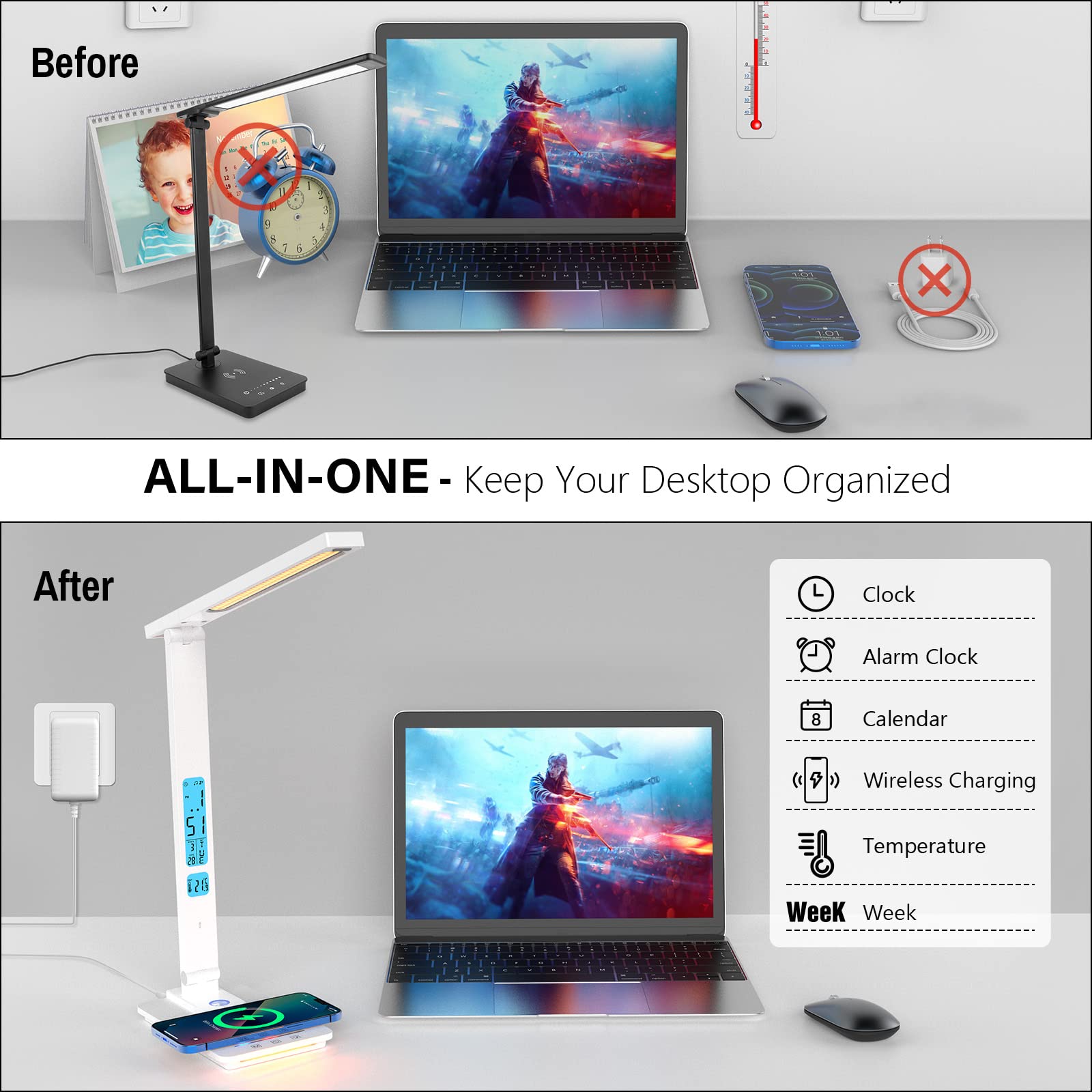 ErayLife Lampada da scrivania LED, lampada da tavolo con ricarica wireless e porta di ricarica USB, protegge l'occhio, pieghevole, controllo touch, timer, Caricabatterie wireless