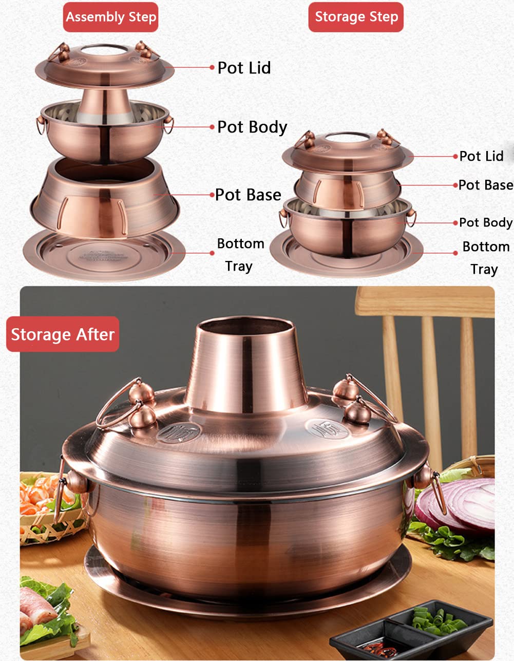 Pentola calda cinese in rame, stile vintage, per shabu-shabu, con camino per bruciare carbone, pentola cinese in acciaio inox, pentola per zuppe, pentole per cucina in famiglia, feste, rosso, argento