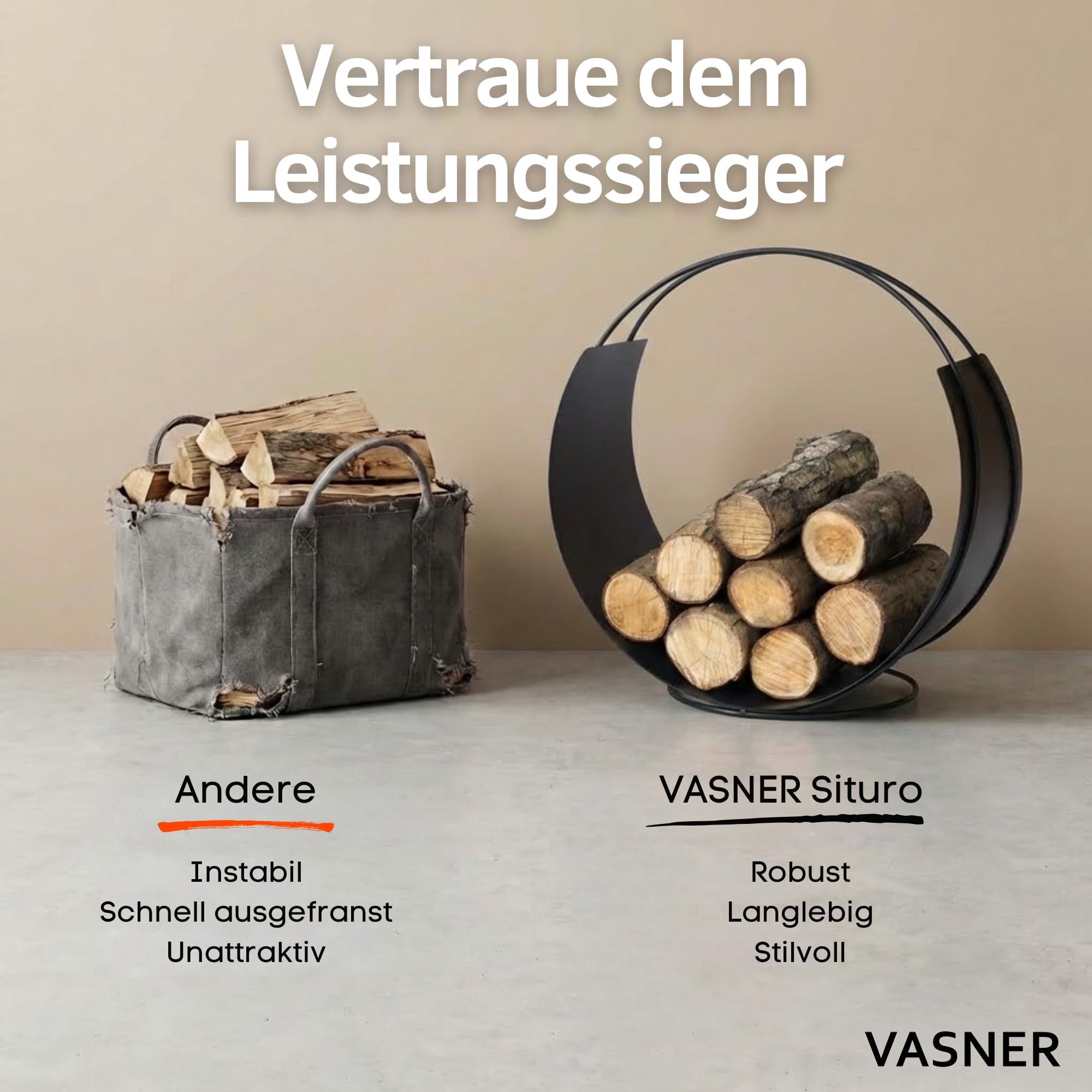 VASNER Situro S1/S2 Holzkorb – Kaminholzkorb Metall rund – Holzkorb für Kaminholz – Kaminholz innen & außen – Feuerholzkorb modern – 58 x 58 x 38 cm - schwarz