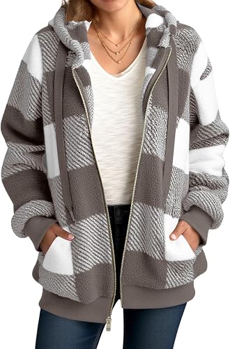 Womens Plaid Flannel Jacket 2026 Fleece Long Sleeve Zipper Hooded Shacket