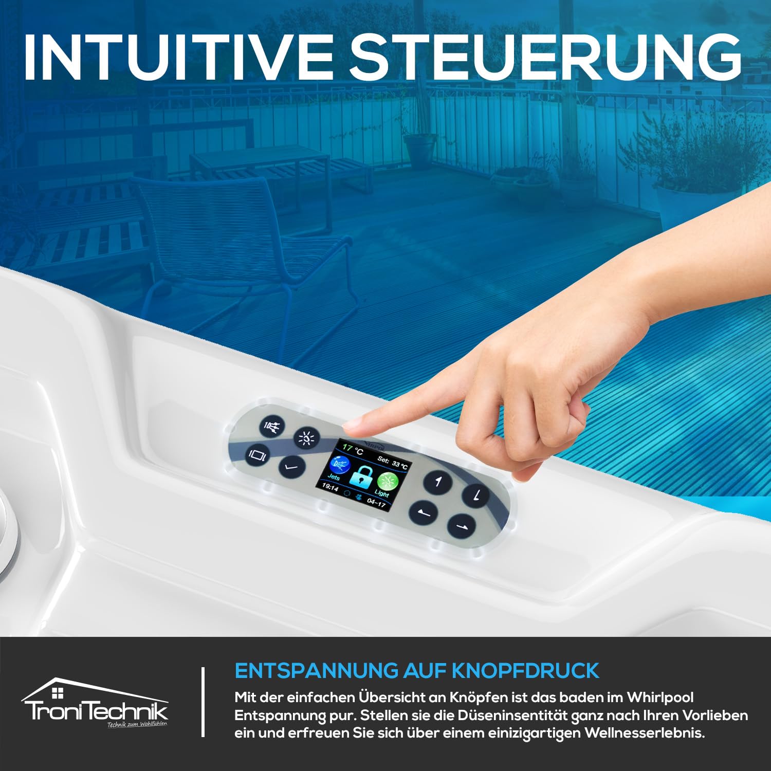 Tronitechnik® Outdoor Whirlpool Spa TORCELLO außen Badewanne weiß 210cm x 210cm mit Heizung, Hydromassage und Farblichtherapie