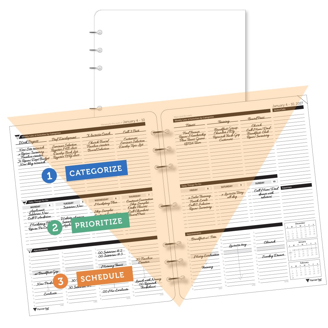 Planner Pad 7 Löcher lose Blätter, Januar-Dezember 2027/Kalenderjahr 21,6 x 27,9 cm, großer 3-stöckiger Trichter, 12 Monate/Wochen-Organizer, schwarze Tinte