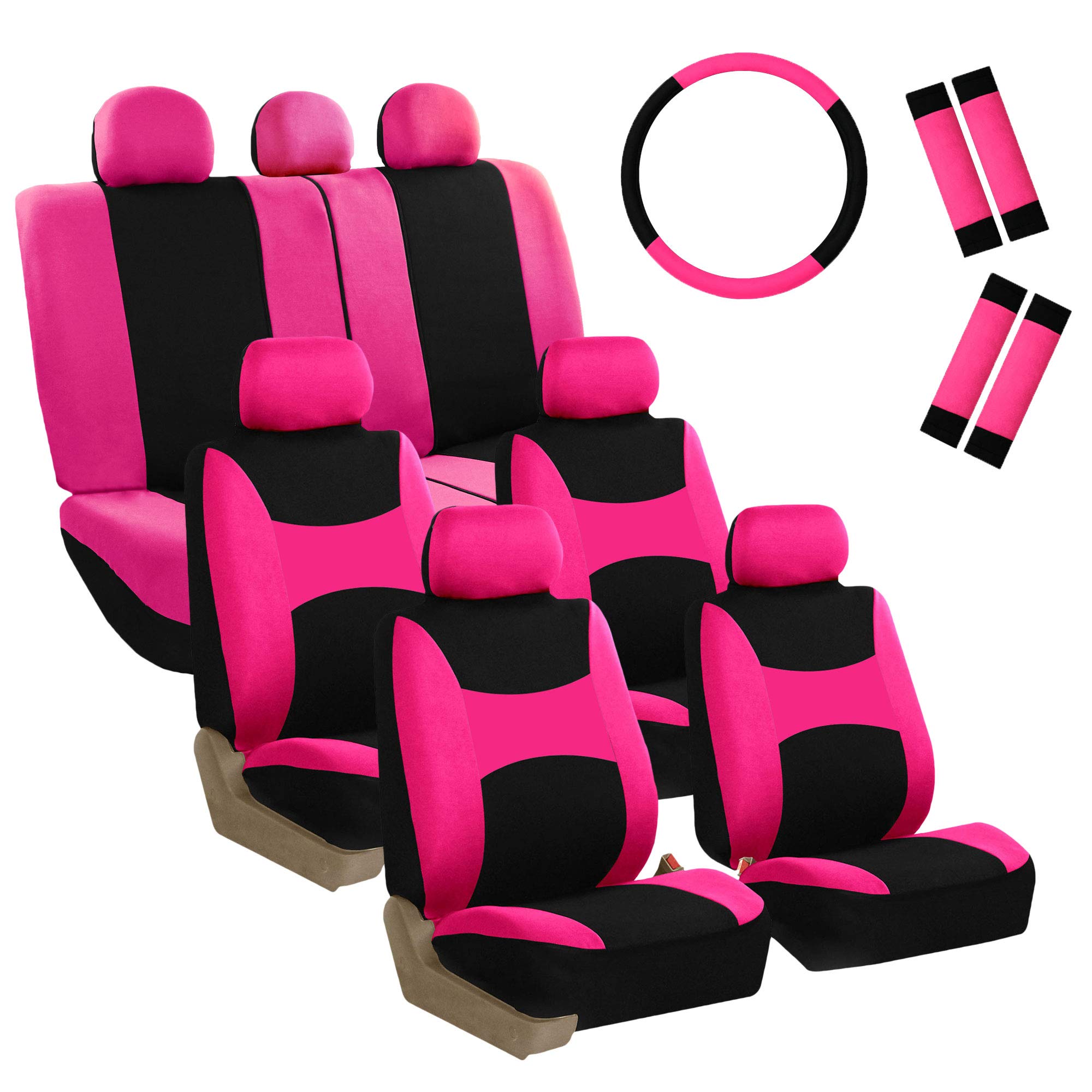 fh group light & breezy cloth car seat covers, 7 seater three row set- airbag & split ready -universal for cars trucks and suvs (pink/black)
