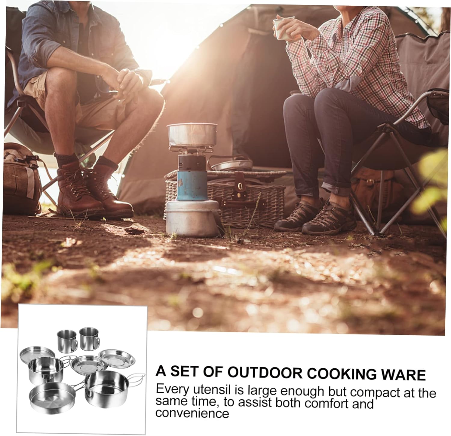 KOMBIUDA 8pcs Stainless Steel Camping Pot Set Cookware Kit Outdoor Cook Equipment Fast Cooking Performance Compact Design