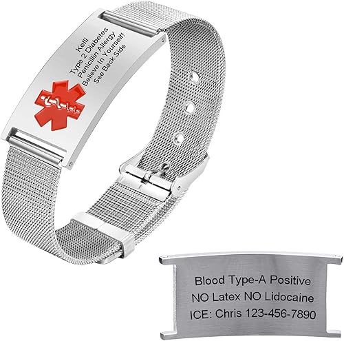 Pulseras personalizadas de alerta médica para hombres, mujeres y niños, grabado gratuito, malla de acero inoxidable ajustable, pulsera de