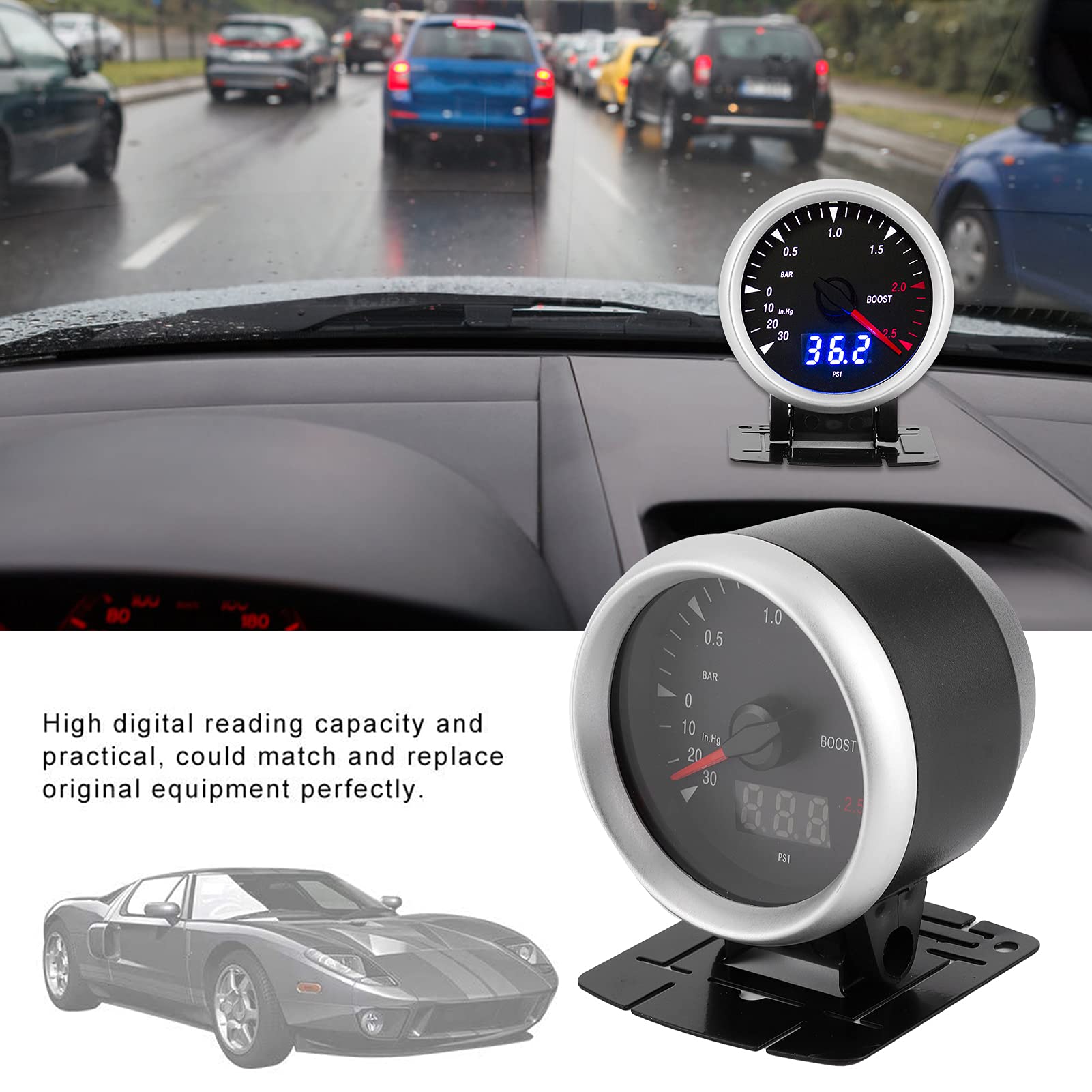 Pressione Turbo Auto 12V Misuratore Turbo Boost 60 mm/2,5 pollici 12 V manometro per aumento del turbo a LED universale - 30-202.5 Controllo indicatore LED a barre