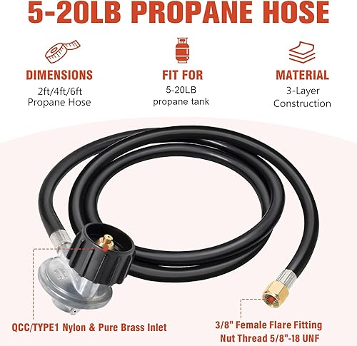 Miniatura 9 de Regulador de propano y manguera adaptadora de 8 pies, piezas de repuesto universales para regulador de parrilla de gas, manguera de tanque de