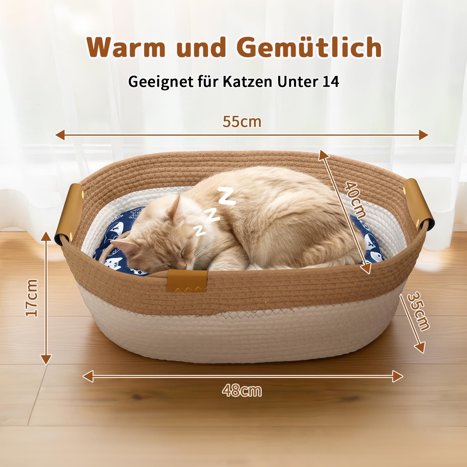Mittimiya Baumwollseilen Gewebtes Katzenbett mit Kissen, 55 X 40 X 17 cm Krallen-SchleifbestäNdiges Waschbar Katzenkorb, Katzenkorb zum Schlafen für Alle Jahreszeiten Geeignet