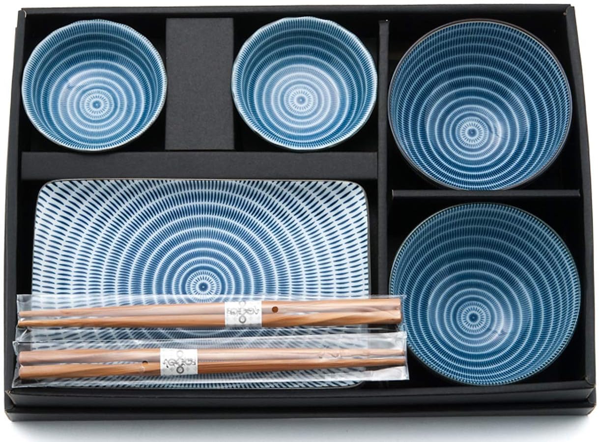 Happy Sales HSDS-FCSBLU, 8 Piece Japanese Dinnerware Sushi Plate Set, Blue Tokusa