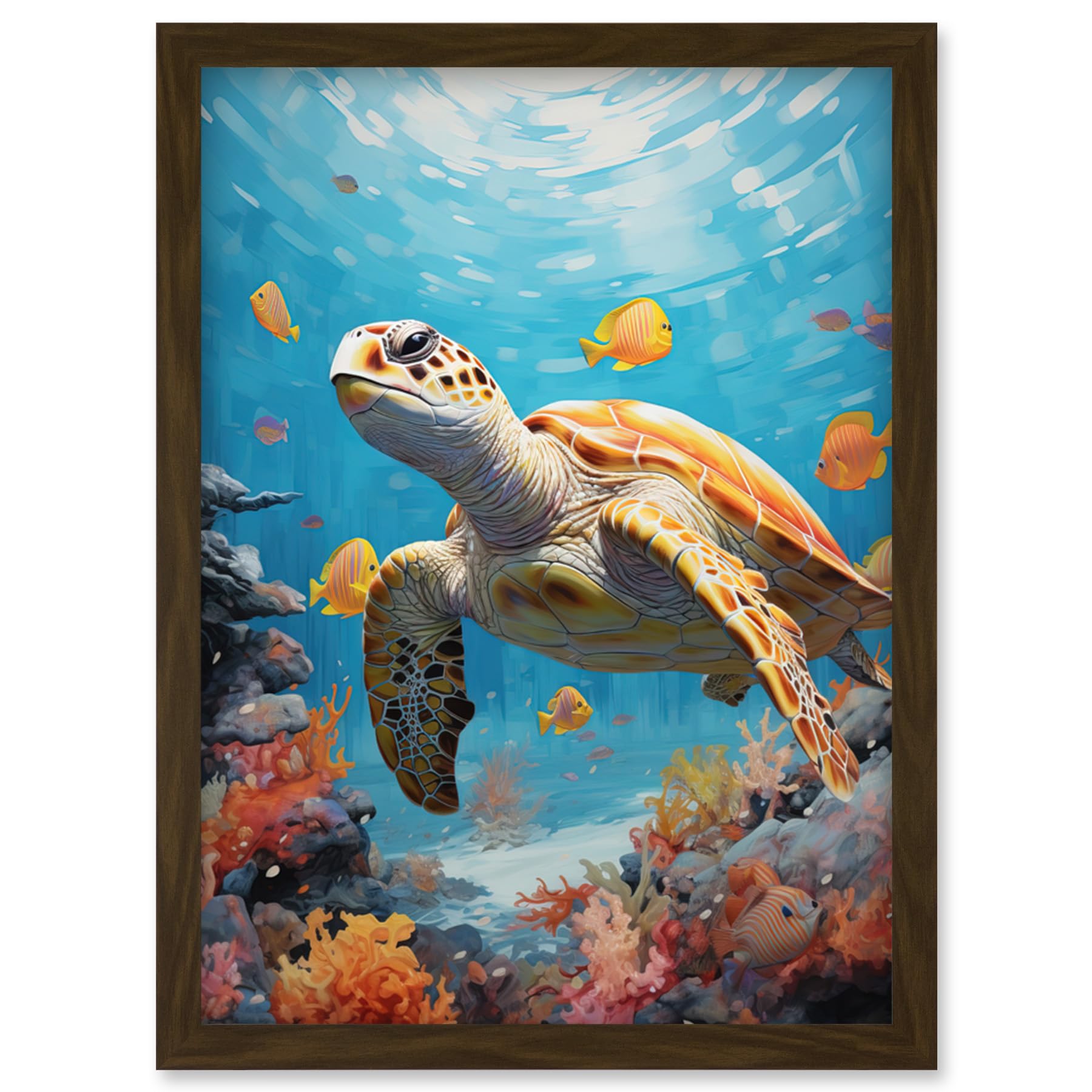 Artery8 Loggerhead Sea Turtle in Coral Reef Bright Detailed Artwork Caretta Swimming with Yellow Striped Fish Artwork Framed Wall Art Print A4