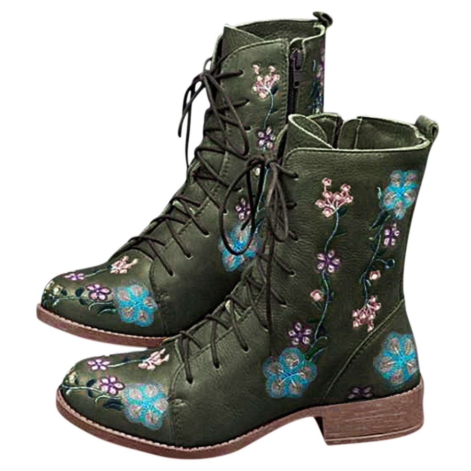 Combat Boots for Women Ethnic Vintage Flower Design Arch Support Lace up Leather Chunky Block Mid Heels Ankle
