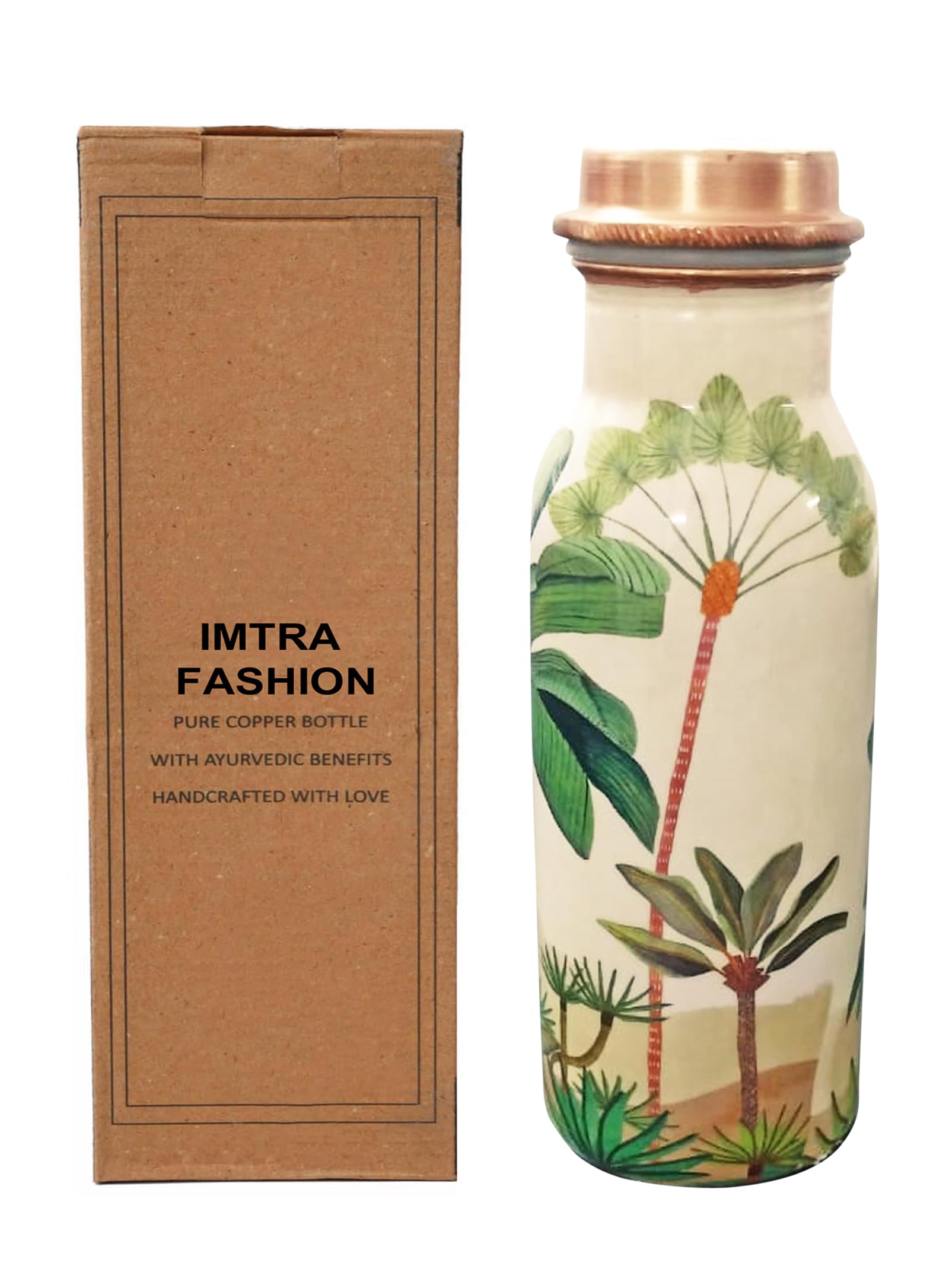 IMTRA FASHION Small Copper Water Bottle 17 OZ/500 ML Meenakari Print Drinking Flask Ayurvedic Leakproof Bottle for Sports & Yoga