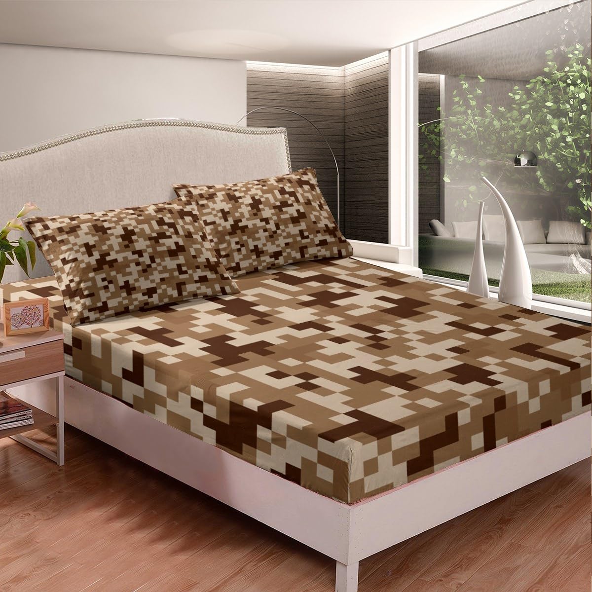 Brown Grid Fitted Sheet Full Size for Kids Boys,Sandbox Pixelated Themed Bed Sheets Teens Men Gamer Room Decor,Miner Style Checked Bedding Sets Desert Style Deep Pocket Sheet,2 Pillowcases