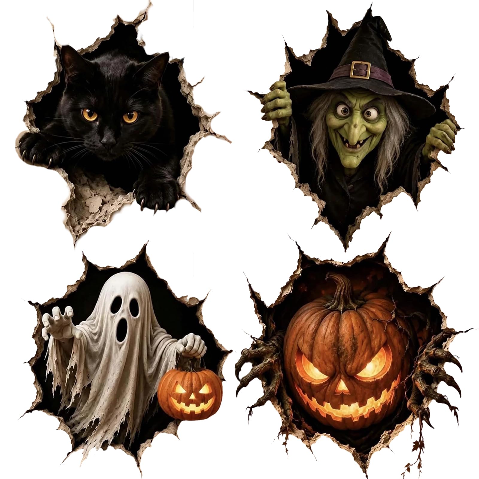 Halloween Break-in 3D Wall Decals, 2027 New Halloween Wall Stickers, 3D Illusion Effect, Spooky Home Decor, Indoor Wall Sticker, Halloweens Theme，4pcs-F