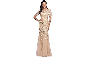 50th Wedding Anniversary Dresses: Women's Illusion Short Sleeve Crew Neck Sequin Embroidery Mermaid Evening Dresses