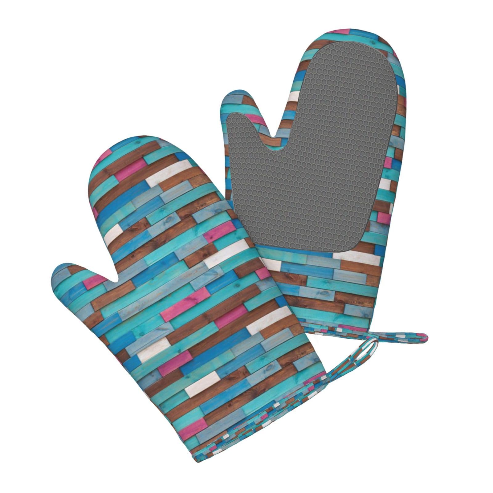 Ensemble de Quatre Gants et maniques résistants à la Chaleur, Gants de Cuisine antidérapants, maniques de Four, Motif Arbre Bleu coloré