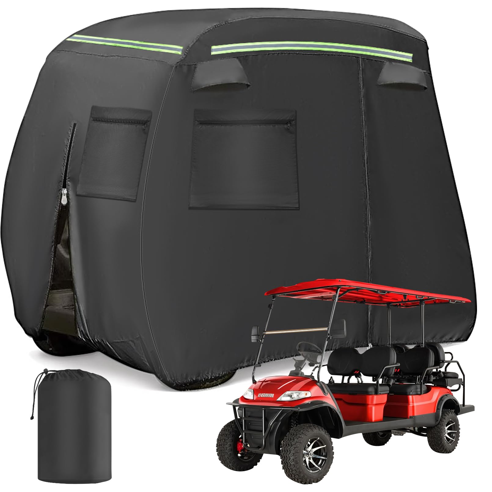 Golf Cart Cover 2/2+2/4+2 Passenger, Heavy Duty 600D Fit EZGO Club Car Yamaha Golf Carts Outdoor Waterproof Windproof Golf Cart Covers with Reflective Strips, Zippered Pockets, Zipper Doors