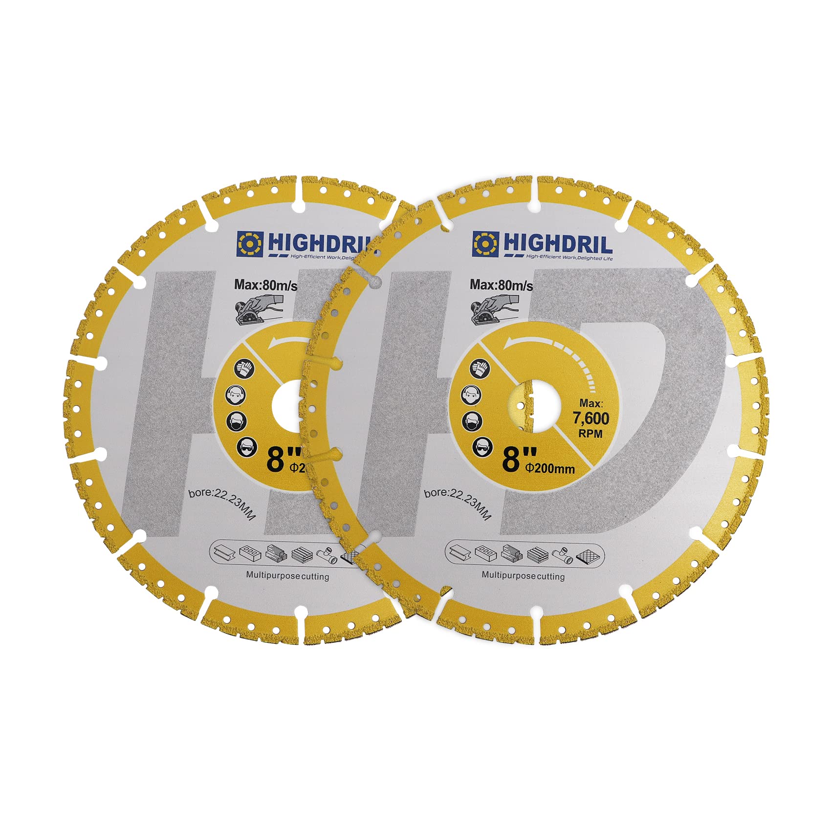 HIGHDRIL Diamond Metal Cutting Blade - 2pcs 200mm/ 8inch Heavy Duty All-Purpose Cutting Disc for Rebar Sheet Metal Angle Iron Stainless Steel Granite Marble