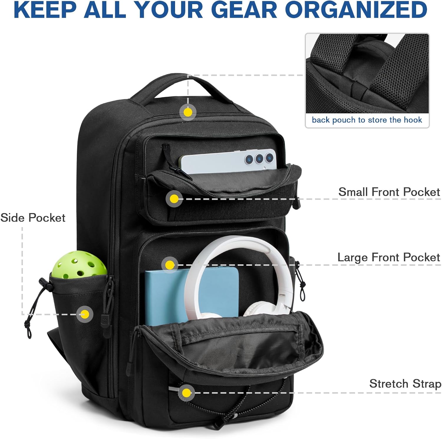 G4Free Pickleball Bag Fits 2 to 6 Paddles, Large Pickleball Backpack with Fence Hook for Men and Women(Black) - Image 4