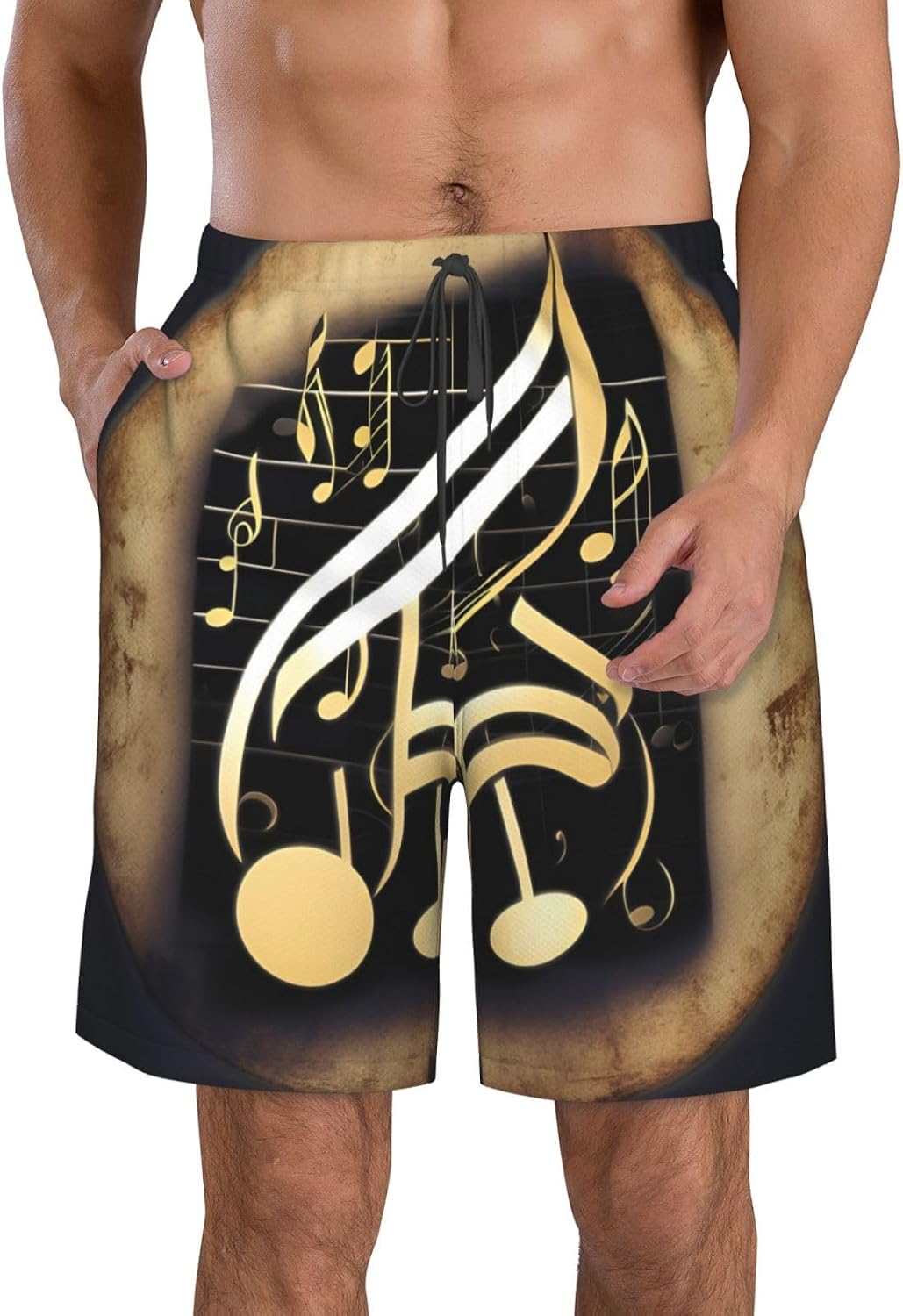 Music 1 Print Men's Quick-Drying Shorts Casual Beach Pants Stretch Waist Shorts and Pockets