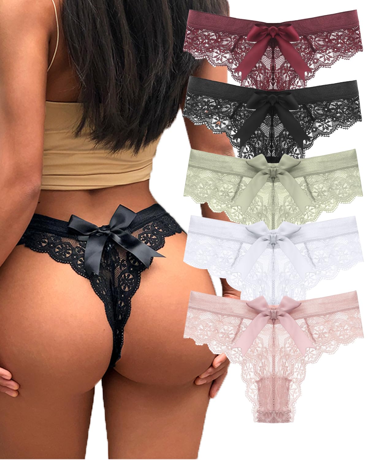 Justgoo G-String Thongs for Women V-Shape Design Floral Lace tangas Low Waist Underwear Panties